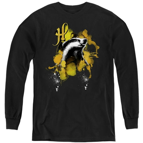 Harry Potter Urban Elegance Hufflepuff Badger Kids Long Sleeve T Shirt (Large) for Youth Boys and Girls, Black