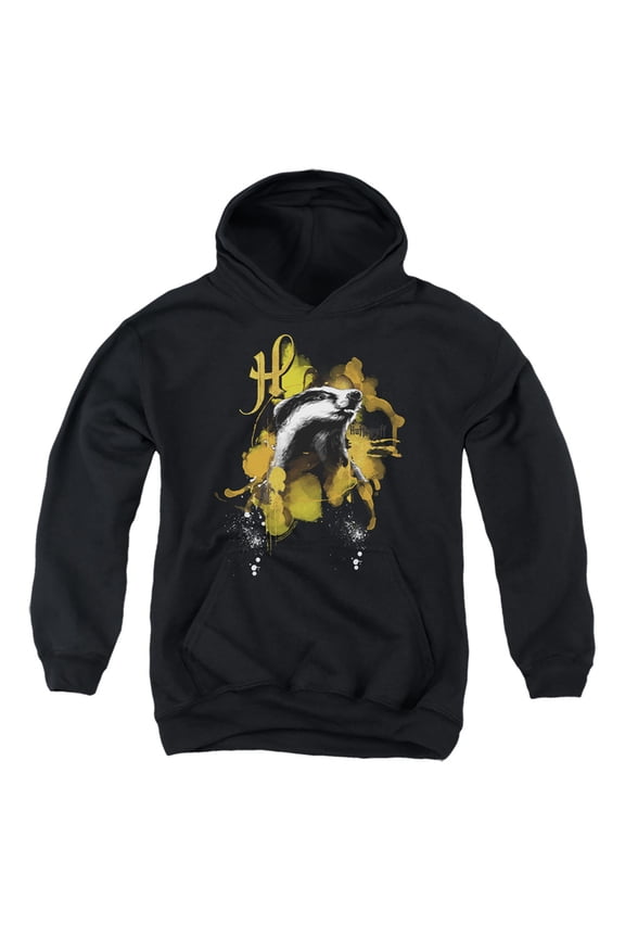 Urban Elegance Hufflepuff Badger Kids Pull-Over Hoodie (Large) for Youth Boys and Girls, Black
