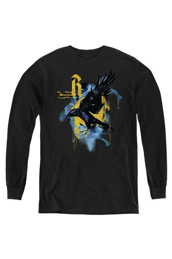 Urban Elegance Ravenclaw Raven Kids Long Sleeve T Shirt (Large) for Youth Boys and Girls, Black