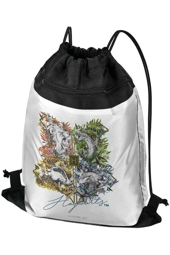 Harry Potter Utilitarian Floral Crest Drawstring Backpack Sports Bag Sackpack 17" x 13", Perfect for Gym, Yoga or Practice