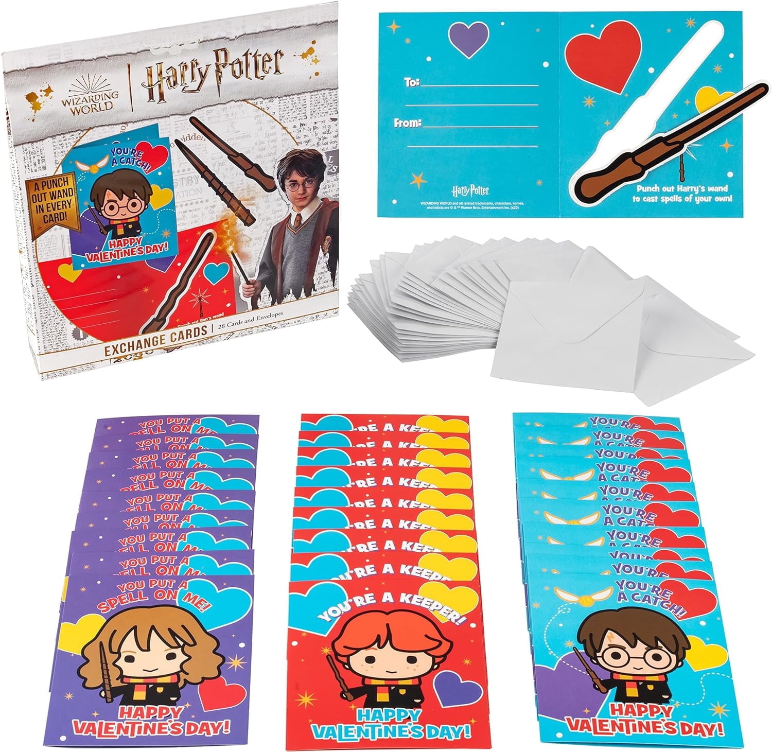 Harry Potter Wand Valentine's Day Card Set for Kids, 28 Card Pack