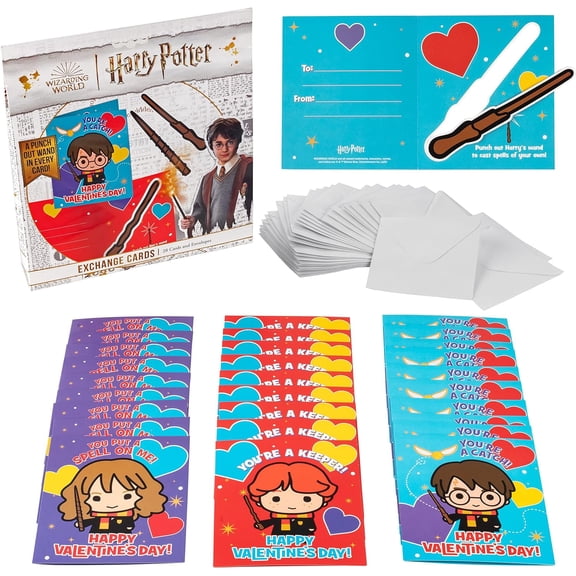 Harry Potter Wand Valentine's Day Card Set for Kids, 28 Card Pack & Envelopes - Great for School Classroom Exchange Parties - Boys & Girls ages 4+ - Officially Licensed