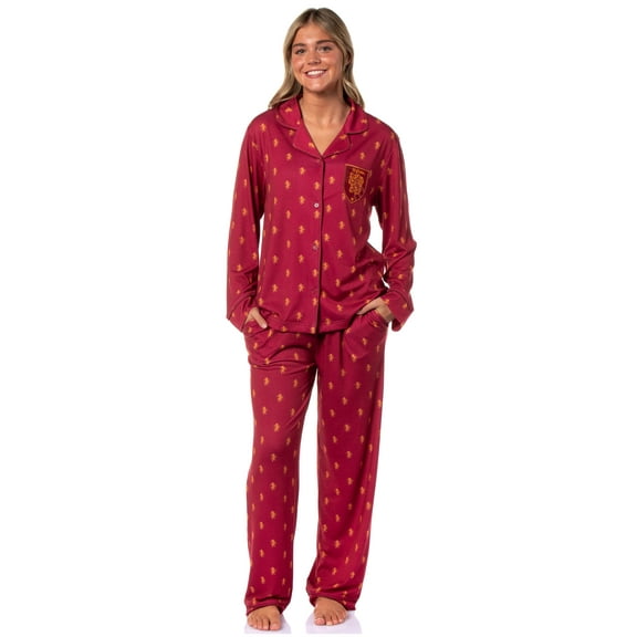 Harry Potter Women's Gryffindor Allover Lion Design Classic Pajamas Button-Up Top and Pants Lounge Sleep Set