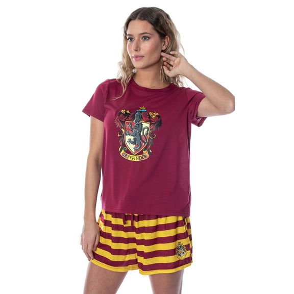 Harry Potter Women's Hogwarts Castle Crest 2 Piece Pajama Short Set Sleepwear Slytherin Hufflepuff Gryffindor Ravenclaw