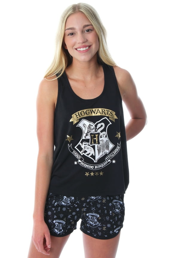Harry Potter Women's Hogwarts House Crest 2 PC Tank Top Shorts Pajama Set - Gryffindor Slytherin Hufflepuff Ravenclaw