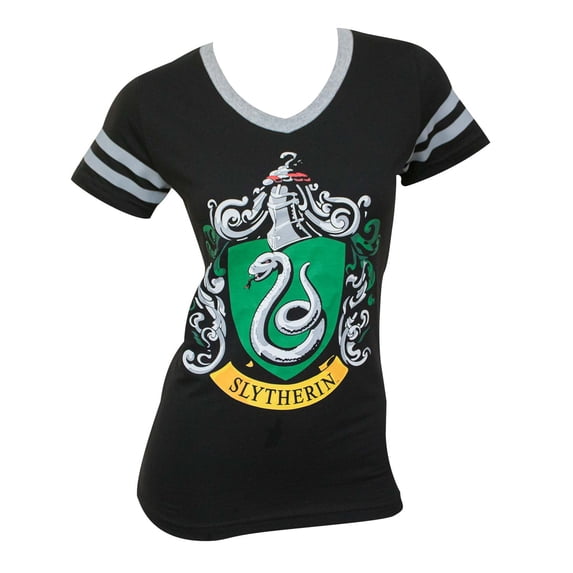 Harry Potter Women's Juniors Black Slytherin V-Neck T-Shirt-X-Large