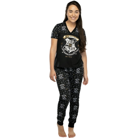 Harry Potter Junior's Fit Hogwarts Castle Crest Foil Print 2 Piece Short Sleeve Sleep Shirt and Jogger Pajama Set