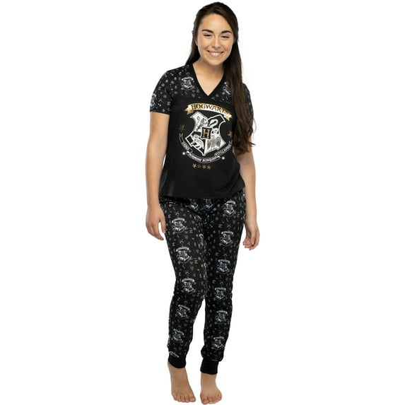 Harry Potter Junior's Fit Hogwarts Castle Crest Foil Print 2 Piece Short Sleeve Sleep Shirt and Jogger Pajama Set