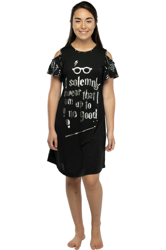 Harry Potter Junior Womens' Nightgown Solemnly Swear Up to No Good Cold Shoulder Short-Sleeve Pajama Lounge Nightdress