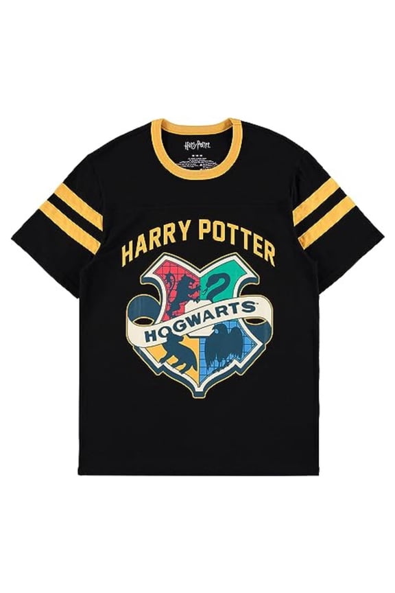Women's T-shirt, Graphic Print Hogwarts Stripe Sleeve Athletic Varsity Shirt Black – S