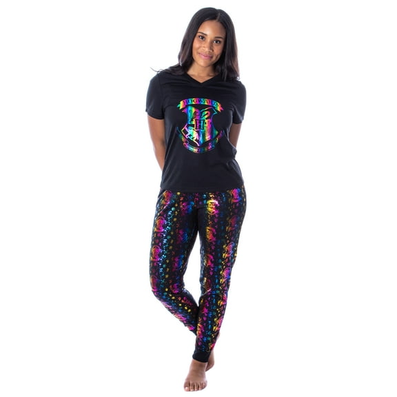 Harry Potter Womens' Hogwarts Crest Rainbow Foil Print 2 Piece Short Sleeve and Pajama Jogger Pant Set