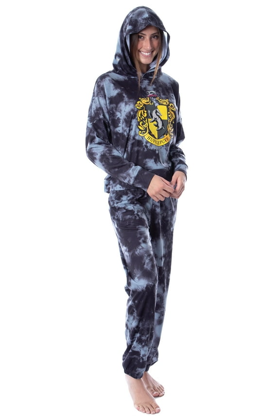 Harry Potter Womens' Hogwarts Houses Tie Dye Cropped Long Sleeve Hooded Jogger Pant Pajama Lounge Set