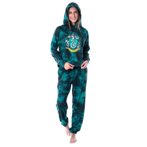 Harry Potter Womens' Hogwarts Houses Tie Dye Cropped Long Sleeve Hooded Jogger Pant Pajama Lounge Set