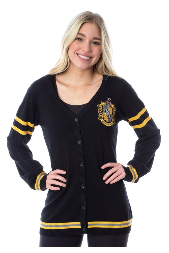 Harry Potter Womens Hufflepuff House Open Front Cardigan Juniors Knit Sweater