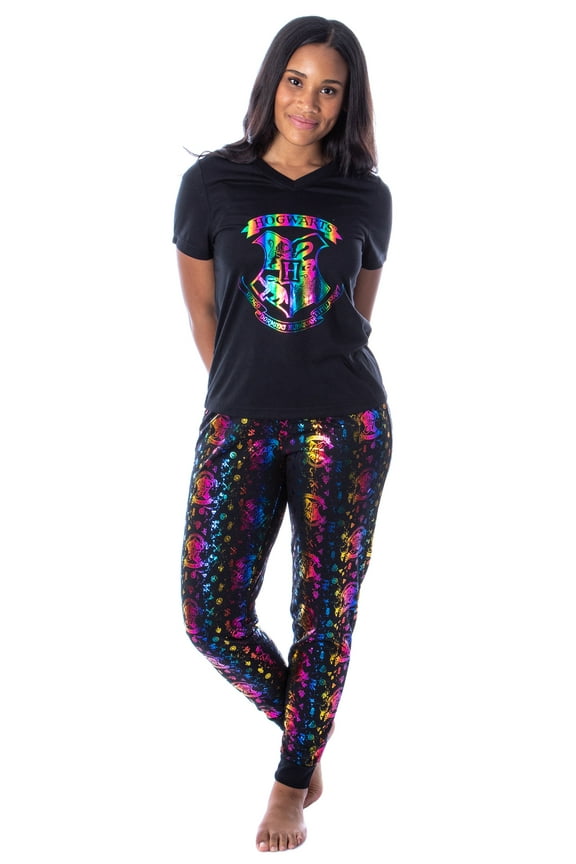Harry Potter Womens' Hogwarts Crest Rainbow Foil Print 2 Piece Short Sleeve and Pajama Jogger Pant Set