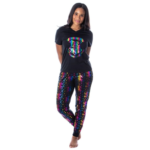 Harry Potter Womens' Hogwarts Crest Rainbow Foil Print 2 Piece Short Sleeve and Pajama Jogger Pant Set