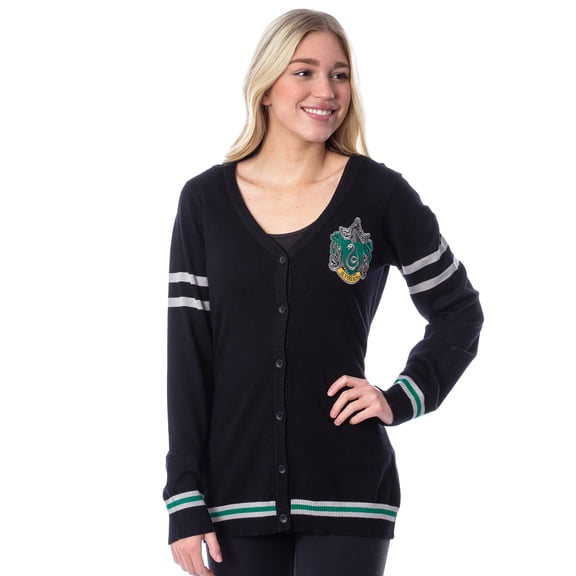 Harry Potter Womens' Slytherin House Crest Open Front Cardigan Juniors Knit Sweater