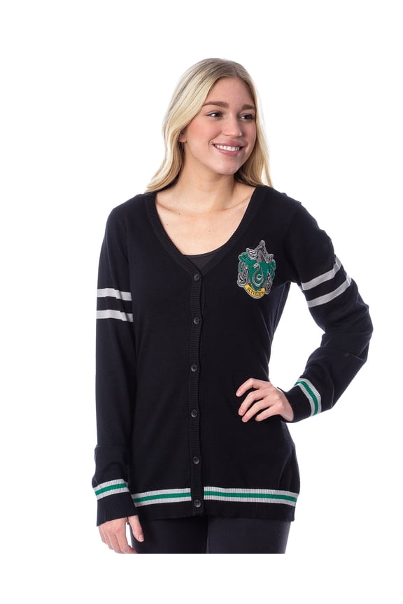 Harry Potter Womens' Slytherin House Crest Open Front Cardigan Juniors Knit Sweater