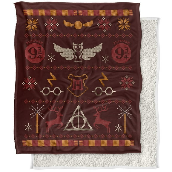 Harry Potter and The Deathly Hallows Part 2 Blanket, 50'x60' Icon Pattern Silky Touch Sherpa Back Super Soft Throw Blanket