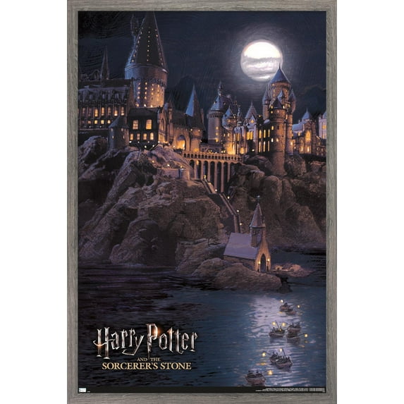 Harry Potter and the Sorcerer's Stone - Hogwarts at Night Wall Poster, 14.725" x 22.375", Framed