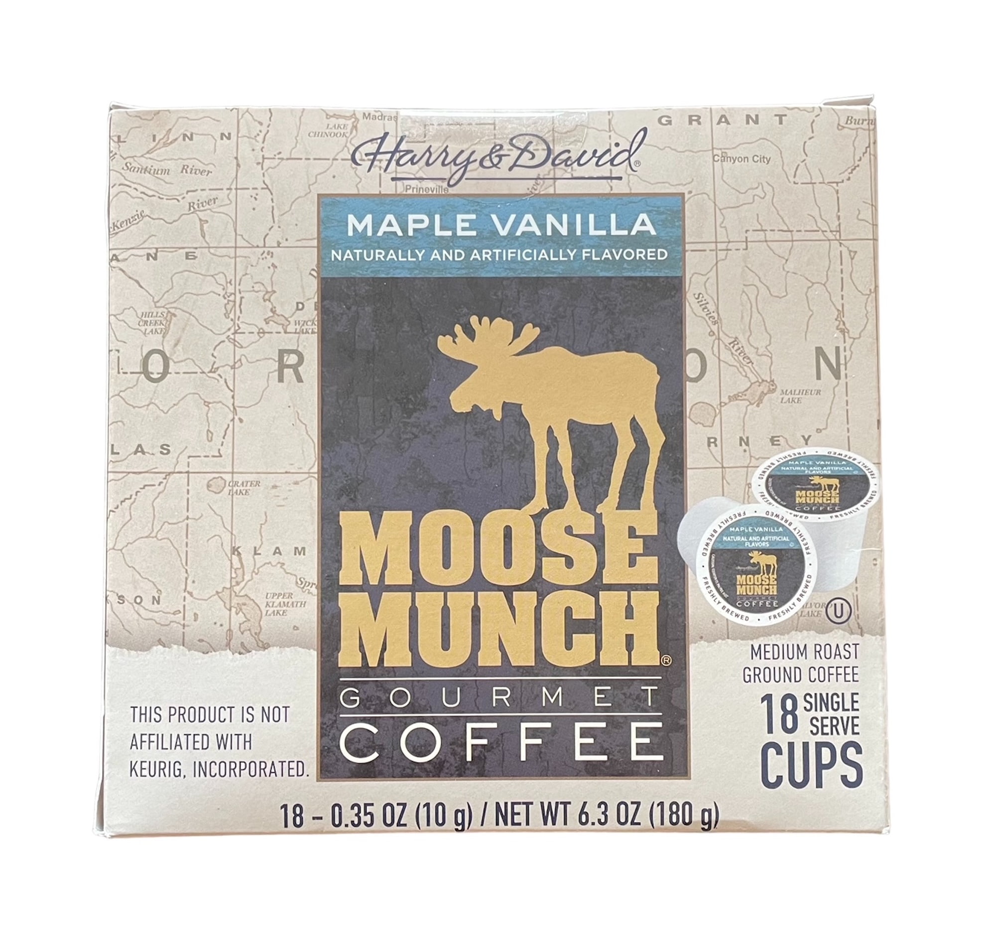 Harry and David K Cups Coffee, Moose Munch Maple Vanilla Gourmet Medium Roast Coffee, 18 Single Serve Count