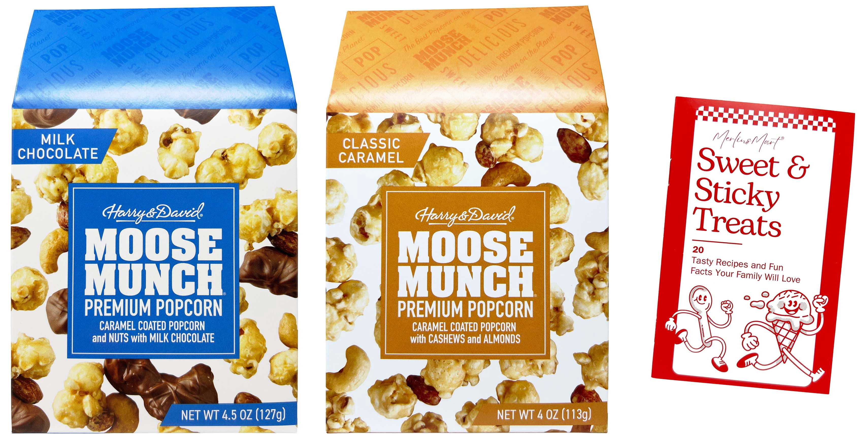 Harry and David Moose Munch Premium Popcorn - 2 flavors - 1 each: Milk Chocolate, Caramel (4-4.5 oz) + MerlinsMart Zine