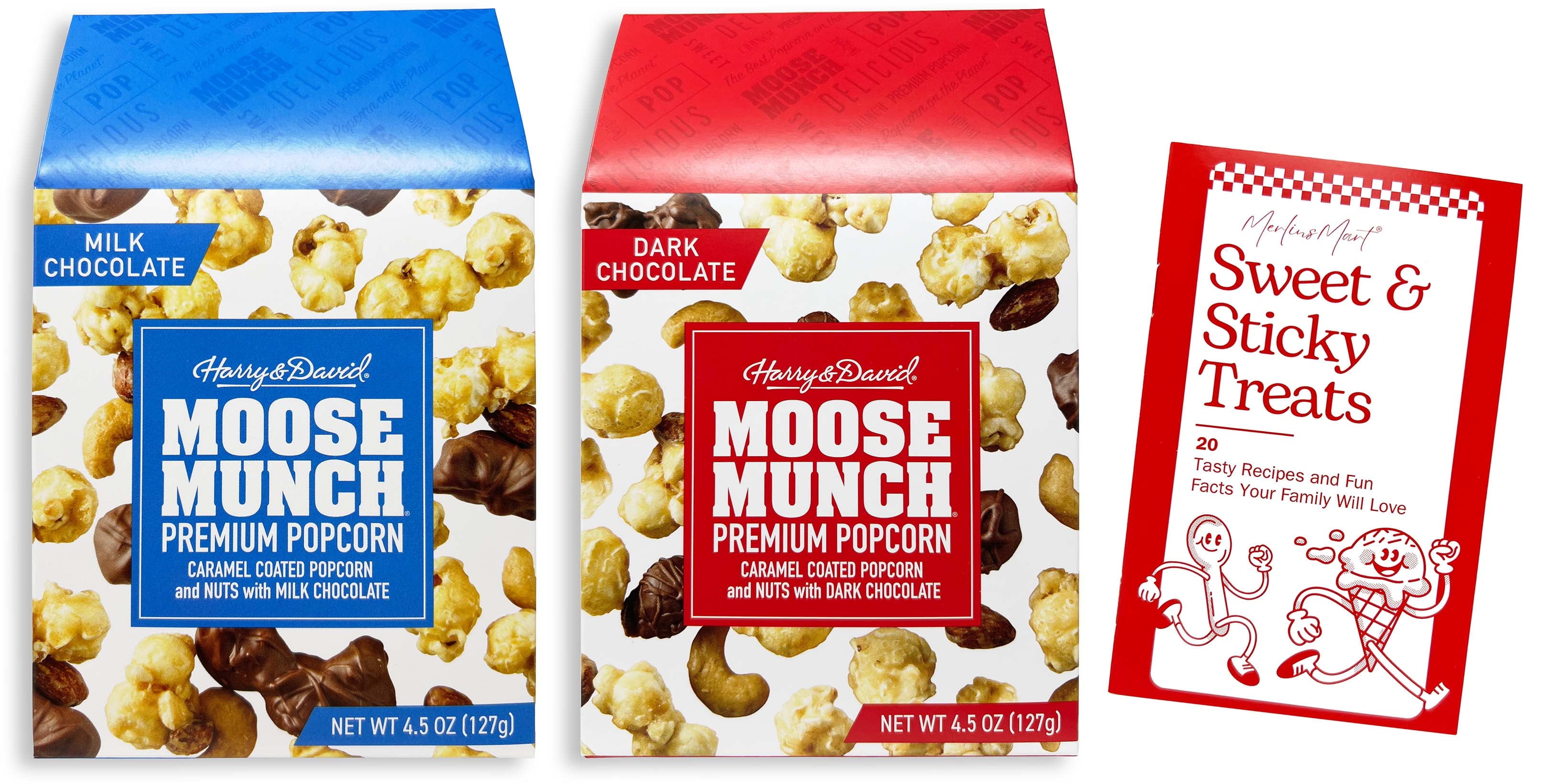 Harry and David Moose Munch Premium Popcorn - 2 flavors - 1 each: Milk Chocolate, Dark Chocolate (4.5 oz) + MerlinsMart Zine