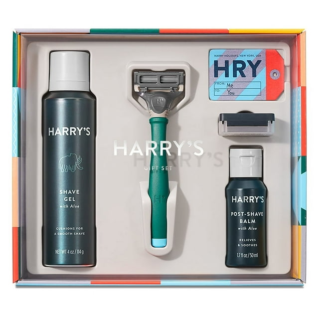 Harry's 2019 Holiday Men's Shave Set including 1 Razor and Blades, 1 Post-Shave Balm, 1 Shave Gel and a Travel Cap