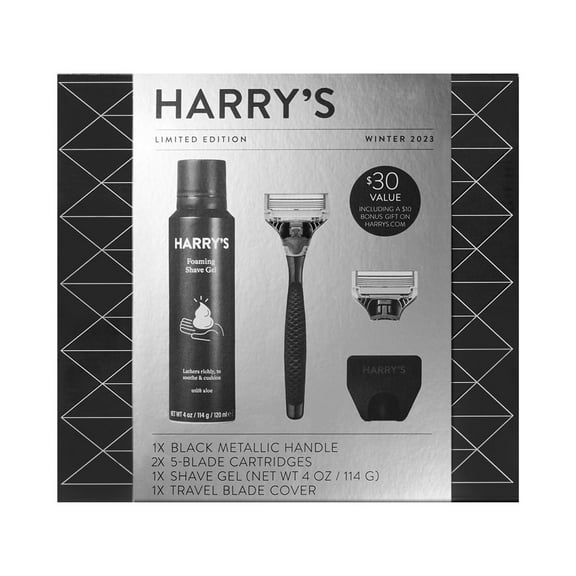 Harry's Men's Holiday Gift Set - Black Metal Handle, 2 Razor Cartridges, Travel Cover, 1 Shave Gel