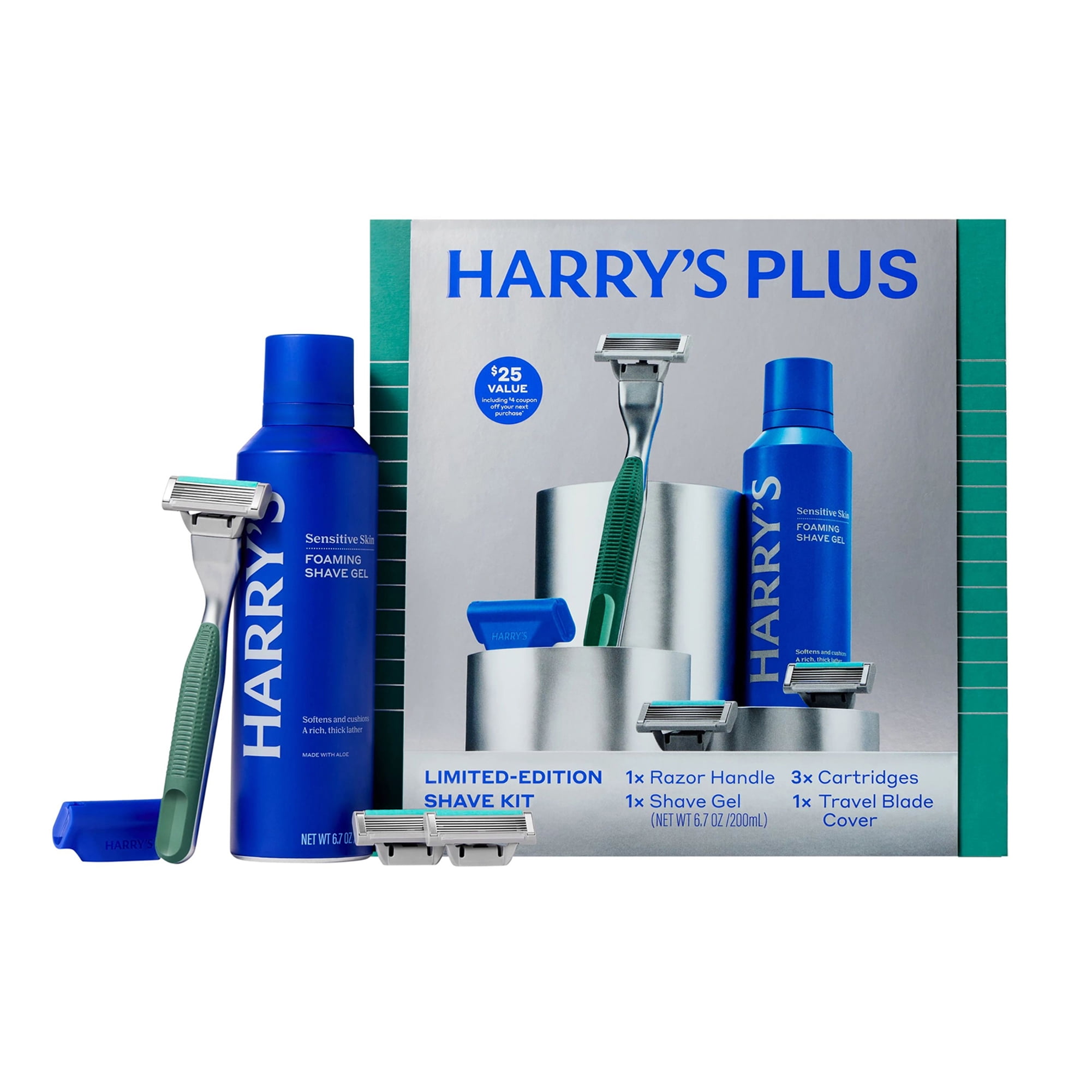Harry's Plus Holiday Gift Set with Shaving Razor for Men, 3 Blade Refill Cartridges, and Shave Gel