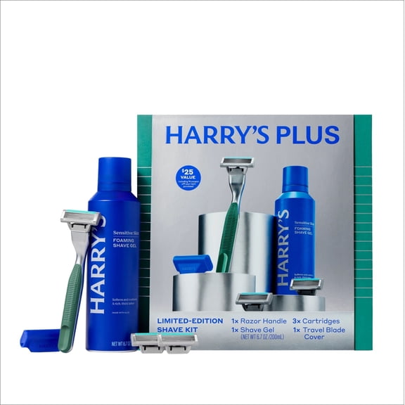 Harry's Plus Holiday Gift Set with Shaving Razor for Men, 3 Blade Refill Cartridges, and Shave Gel