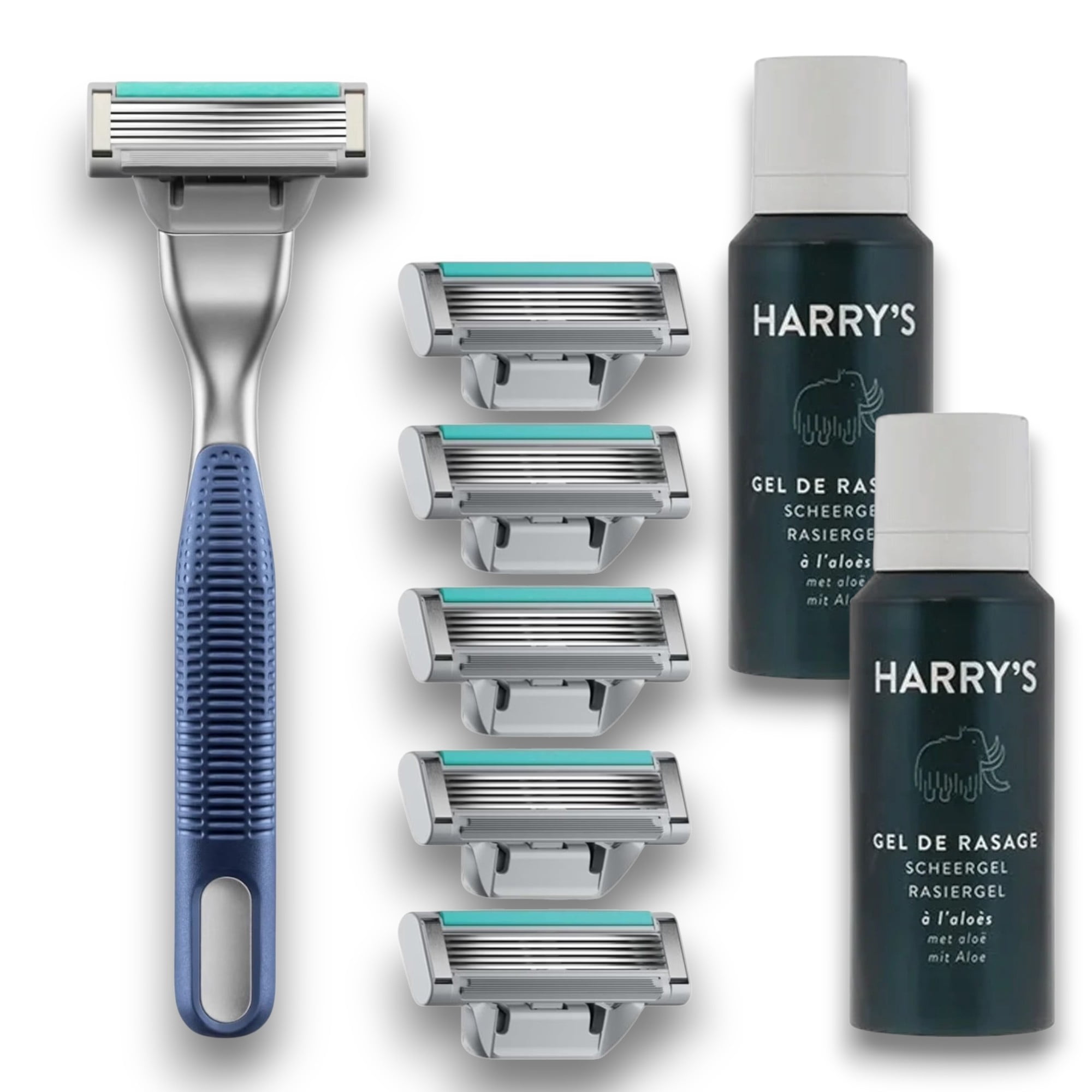 Harry's Plus Razor Blade Refills, 6 Pack and 1 Harry's Original + Handle + 2 Count Shaving Gel Travel Size 2oz/each Bulk Repack