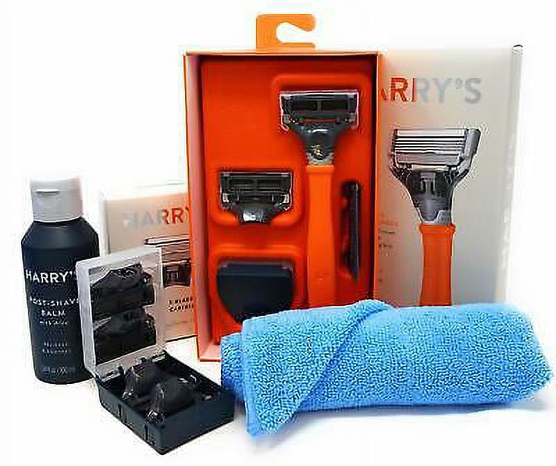 Harry's Razor Handle (Orange) Replacement Cartridges Post Shave Balm and Towel