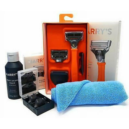 Harry's Razor Handle (Orange) Replacement Cartridges Post Shave Balm and Towel