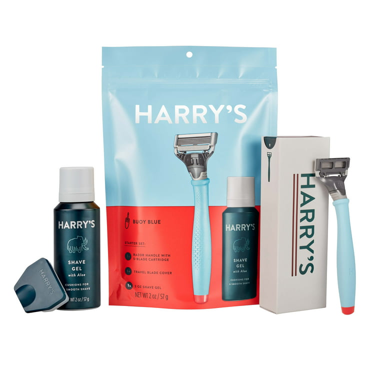 Harry's Starter Shave Set Buoy Blue Razor Handle 5 Blade Cartridge Shave Gel New