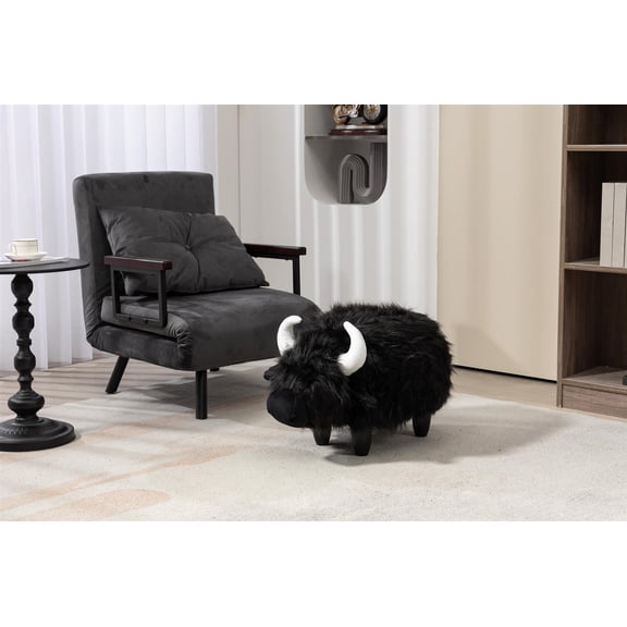 Harry the Cow Storage Ottoman with Long Black Fur Wood Frame