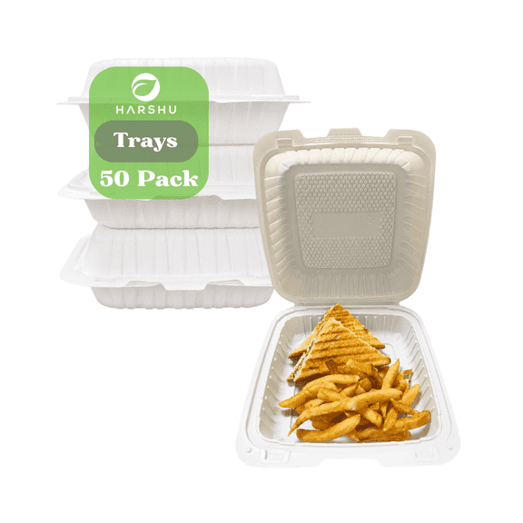 Harshu 9 Inch Compostable Clamshell Trays, Eco-Friendly Cornstarch-Based Disposable Meal Boxes for Restaurants, Catering, Events & Takeout Use