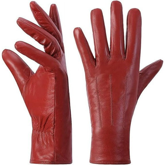 Harssidanzar Womens Winter Warm Lining Touchscreen Texting Warm Driving Lambskin Leather Gloves,Red,Size M