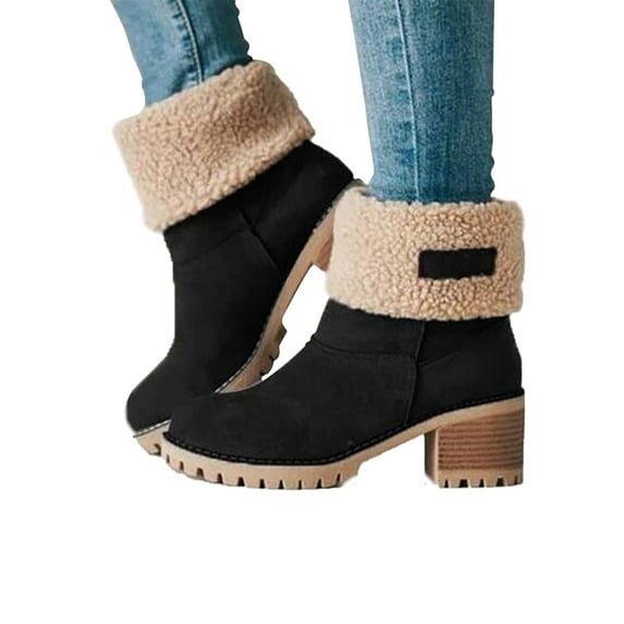 Harsuny Women's Fashion Classy Elegant Biker Rugged Plush-Lined Soft Leather Ankle-Boots, Round-Toe, Chunky Heels Platform, Rubber Lug Sole
