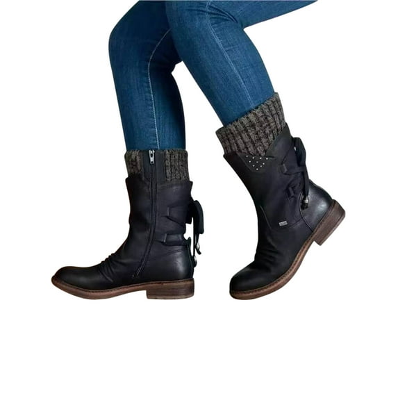 Harsuny Womens Ankle Boots Chunky Sole Flat Mid Heel Zipper Ladies Causal Shoes Size 4.5-11
