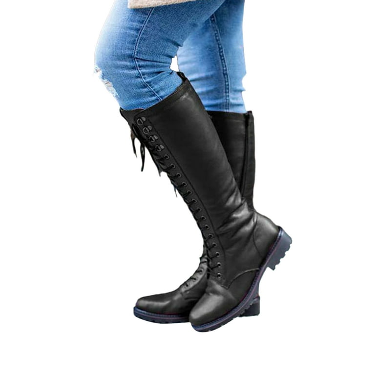 Harsuny Womens Riding Boots Side Zip Tall Boot Low Heel Winter Knee High  Shoes Work Fashion Casual Lace Up Black 8
