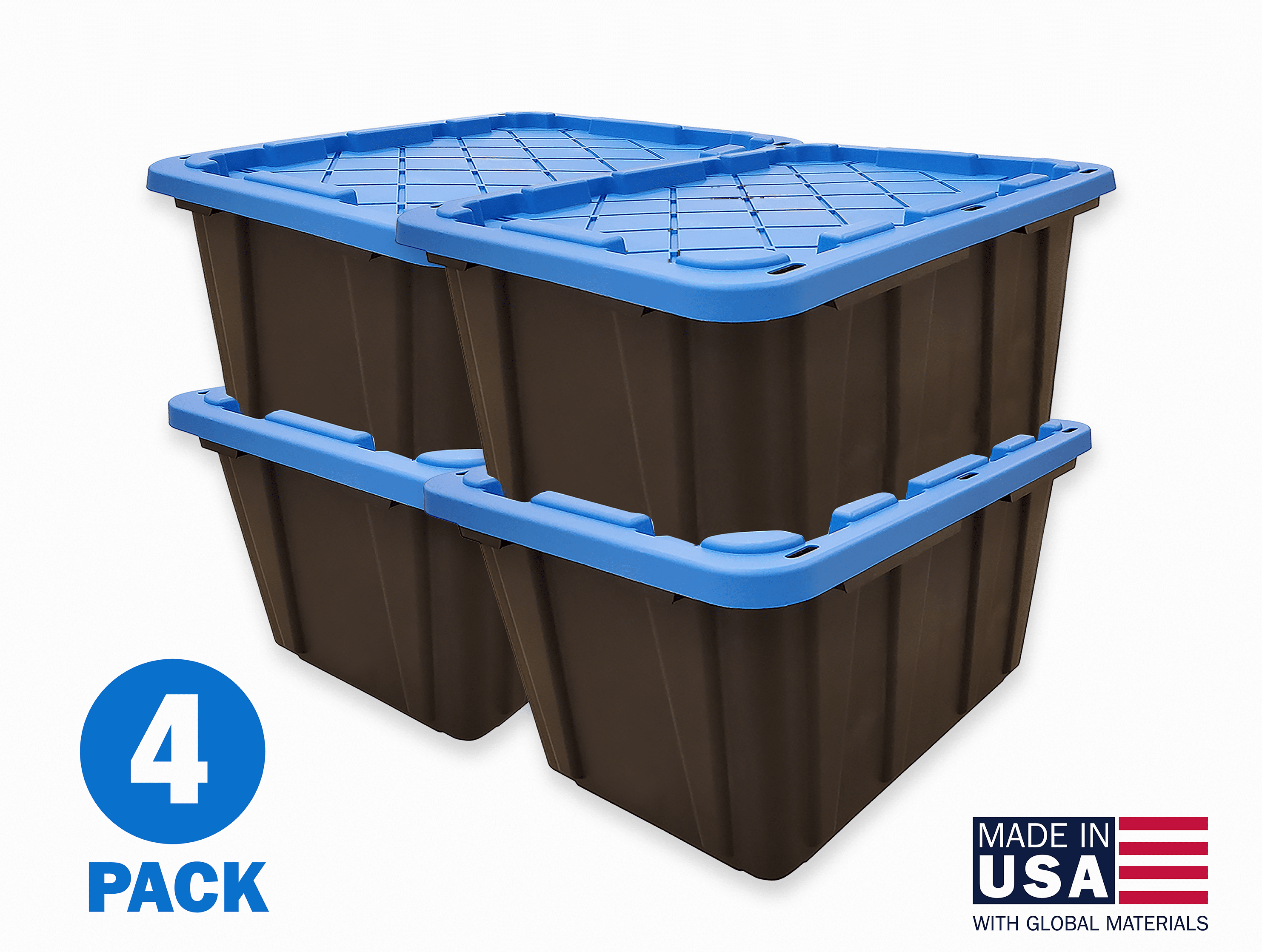 Hart 27 Gallon Heavy Duty Plastic Storage Tote, Black with Blue Lid, Set of  4