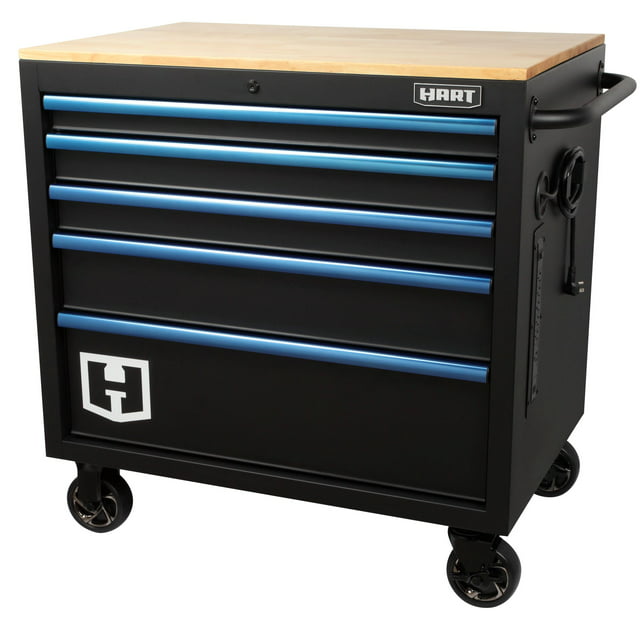 Hart 36-In W x 24-In D 5-Drawer Mobile Tool Chest Workbench W/ Wood Top, Garage Use