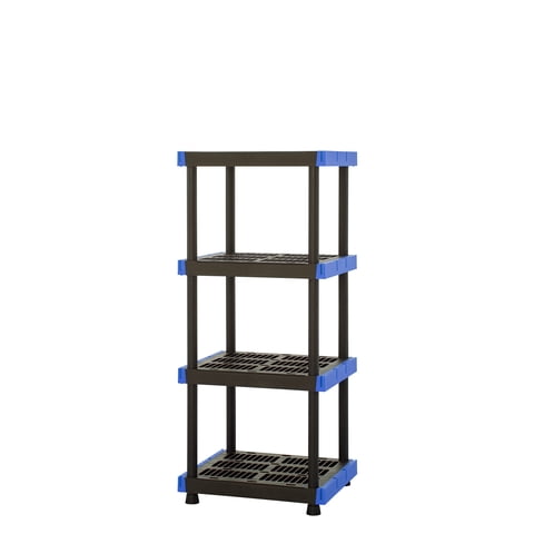 Hart 4-Shelf Plastic Storage Shelf, 24" W x 20" D x 55" H, Holds up to 400 lb Total Capacity, Black and Blue