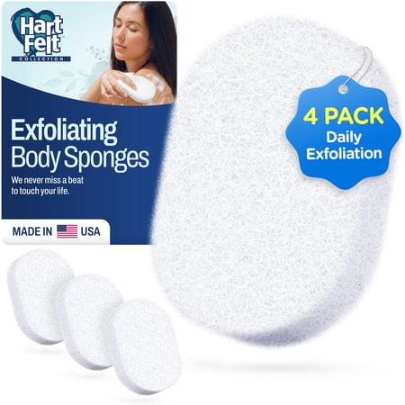 HartFelt Adult Body Scrub Oval Exfoliating Sponge Pad, Made in USA, Cleans & Refreshes Body, 4 Pack