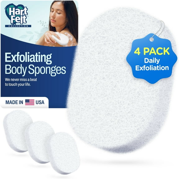 HartFelt Adult Body Scrub Oval Exfoliating Sponge Pad, Made in USA, Cleans & Refreshes Body, 4 Pack