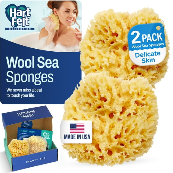 HartFelt Adult Delicate Skin Wool Sea Sponge Gift Box - 2 Sponges, Mesh Bag, Yellow, 4 Inch