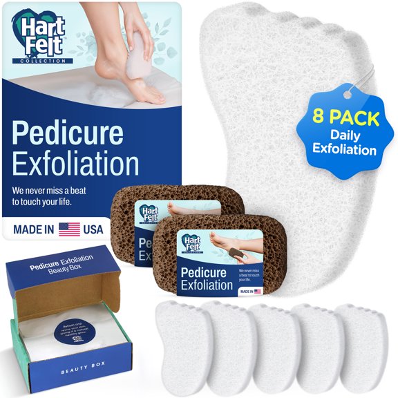 HartFelt Pedicure Beauty Box, Pack of 8 - Foot Scrub, Exfoliant Bath Sponges & Magic-Stone Scrubs