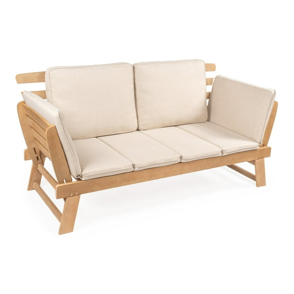 Hartley 2-Seat Modern Scandinavian Folding Wood Outdoor Day Bed Sofa, Beige/Light Teak