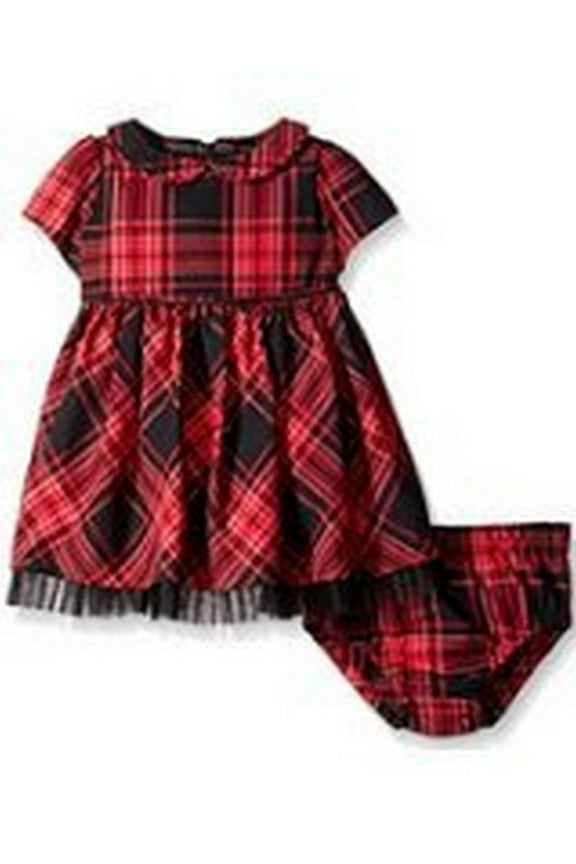 Girls' Red and Black Plaid Woven Dress with Diaper Cover (24 Months)